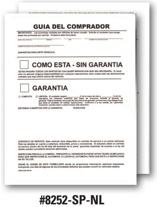 1-Part Pressure-Sensitive Buyers Guide - Mfg Warranty/As Is - No Lines - Spanish  V2017 - Product Image