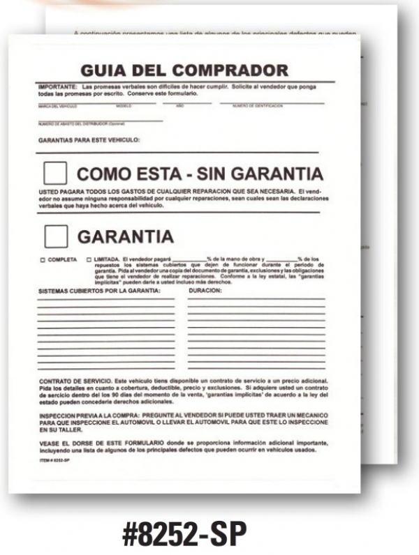 1-Part Pressure-Sensitive Buyers Guide - Manufacturer Warranty/As Is - Spanish - V2017 - Product Image