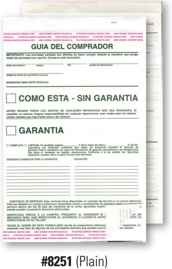 2-Part Buyers Guide - Mfg. Warranty/As Is - Adhesive Top and Bottom - Spanish - V2017 - Product Image