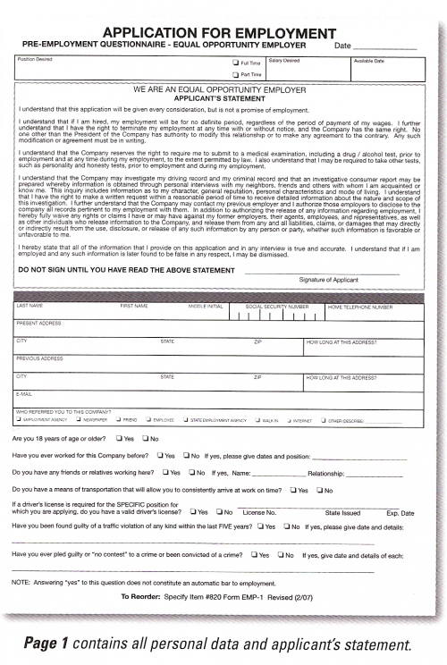 Application for Employment - Form #EMP-1 - Product Image