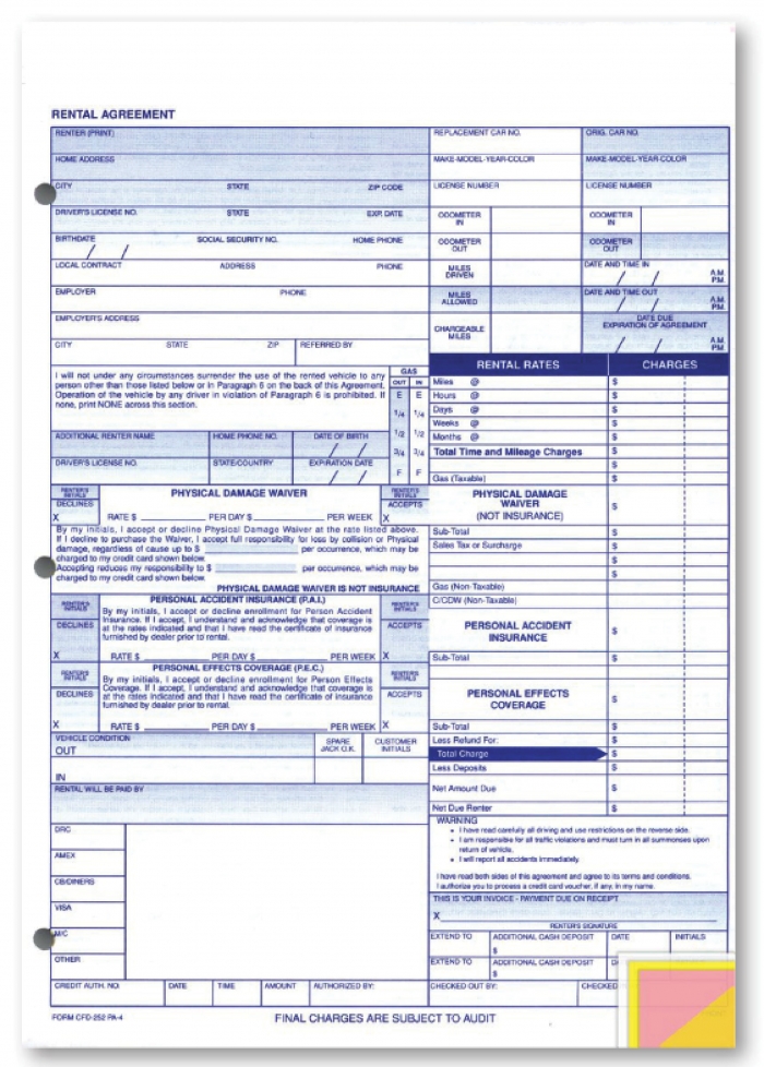 Custom Imprinted Rental Agreement - Form #CFD-252-PA4