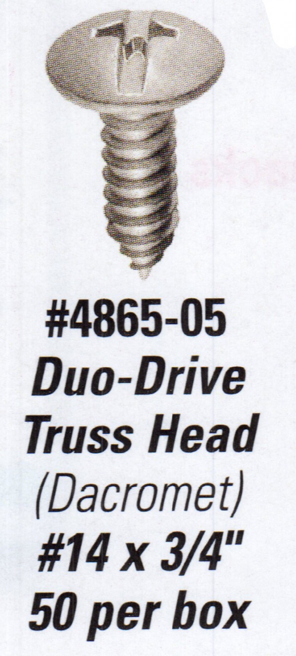 License Plate Screws - Duo-Drive Truss Head with Dacromet finish.  Size is #14 x 3/4" - Product Image