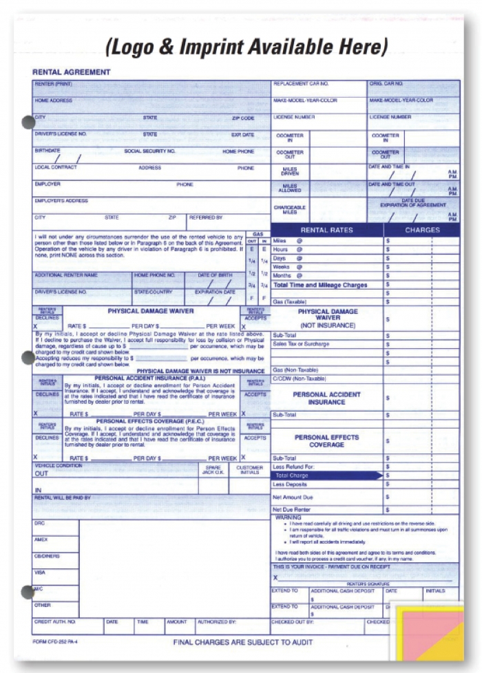 Custom Imprinted Rental Agreement - Form #CFD-252-PA4