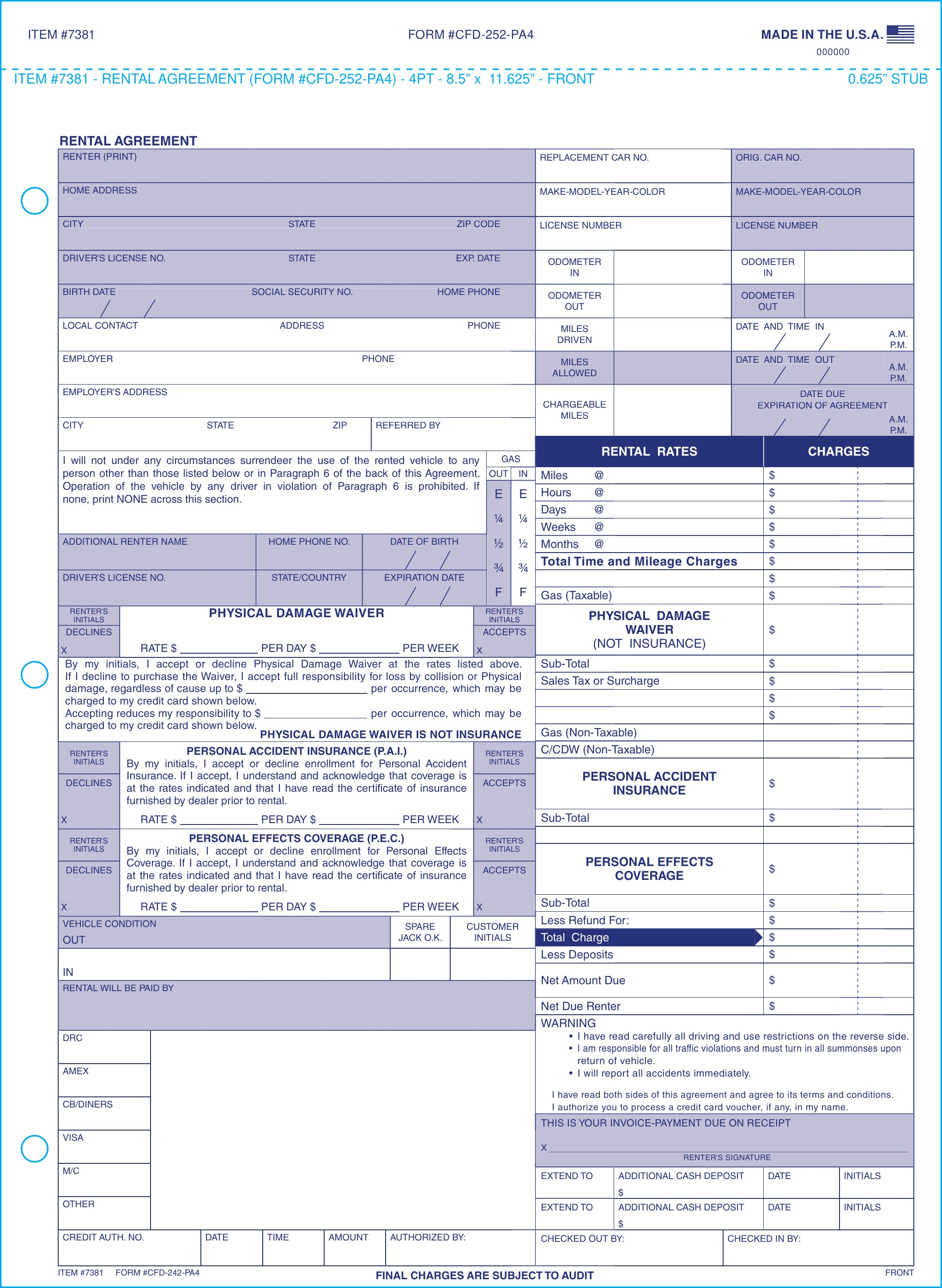Rental Agreement - Form #CFD-252-PA4