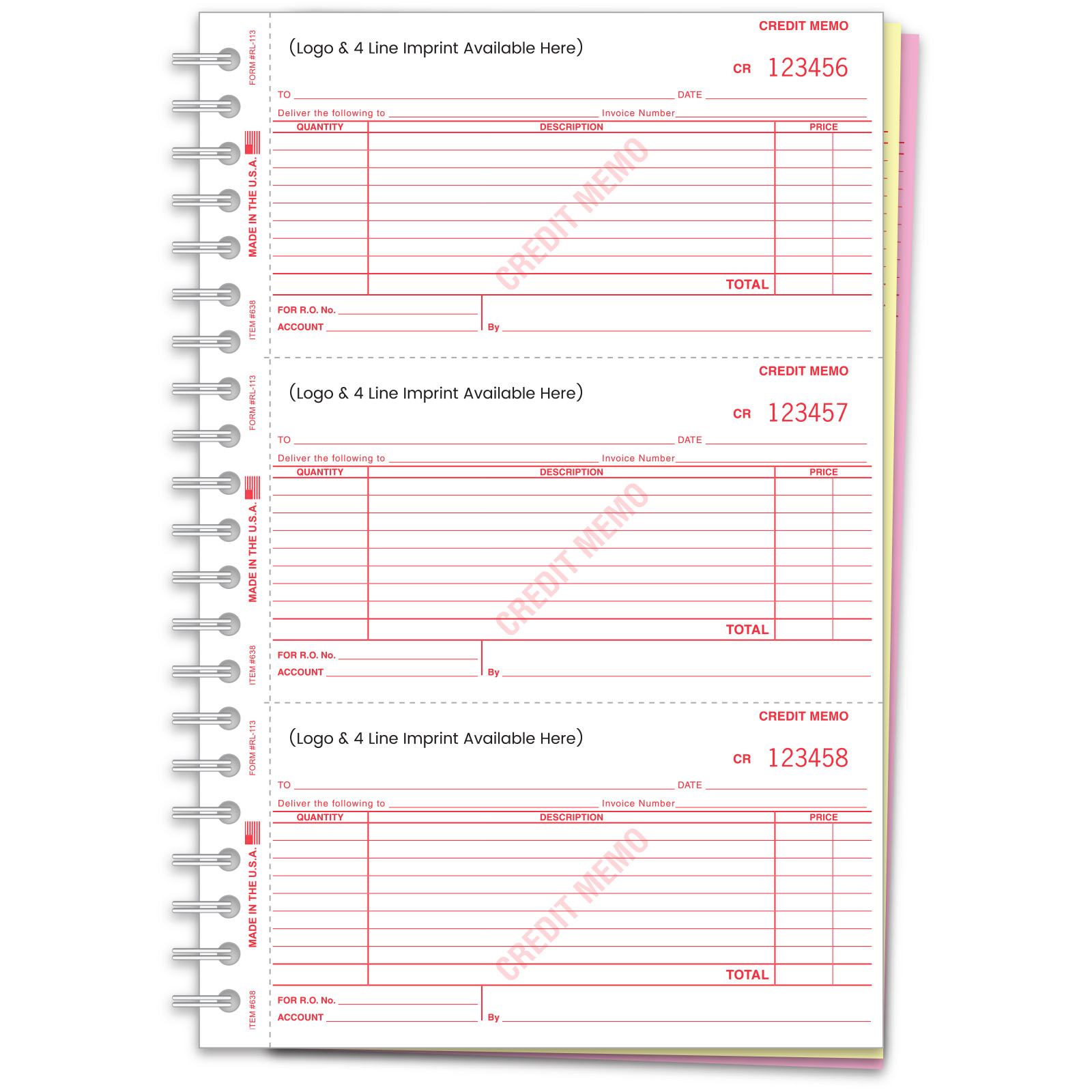Imprinted Credit Memo Books - Form #RL-113 Imprinted