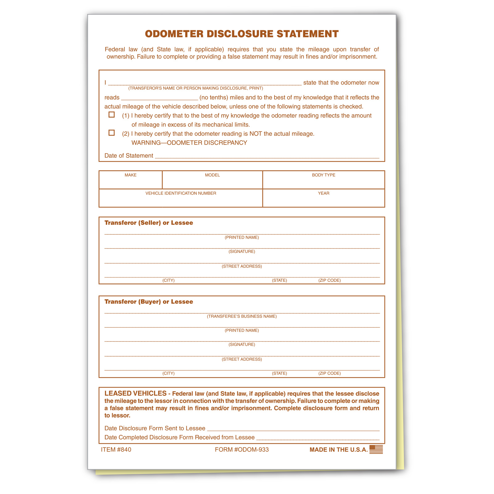 Odometer Disclosure Statements - Form #ODOM-933 - Product Image