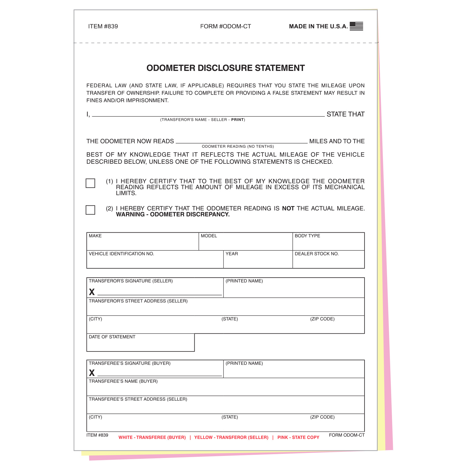 Odometer Disclosure Statements - Form #ODOM-CT