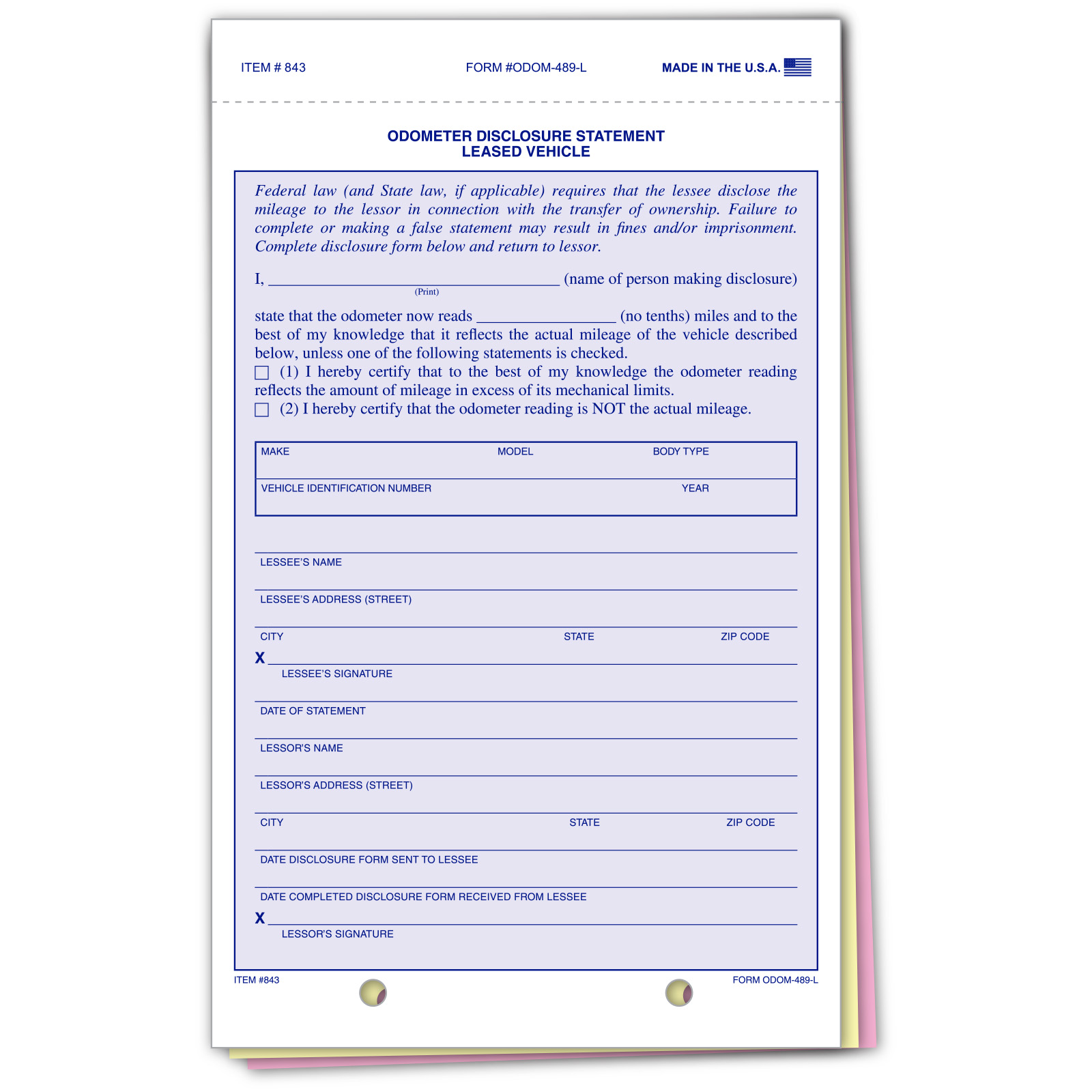 Lease Odometer Disclosure Statements - Form #ODOM-489L