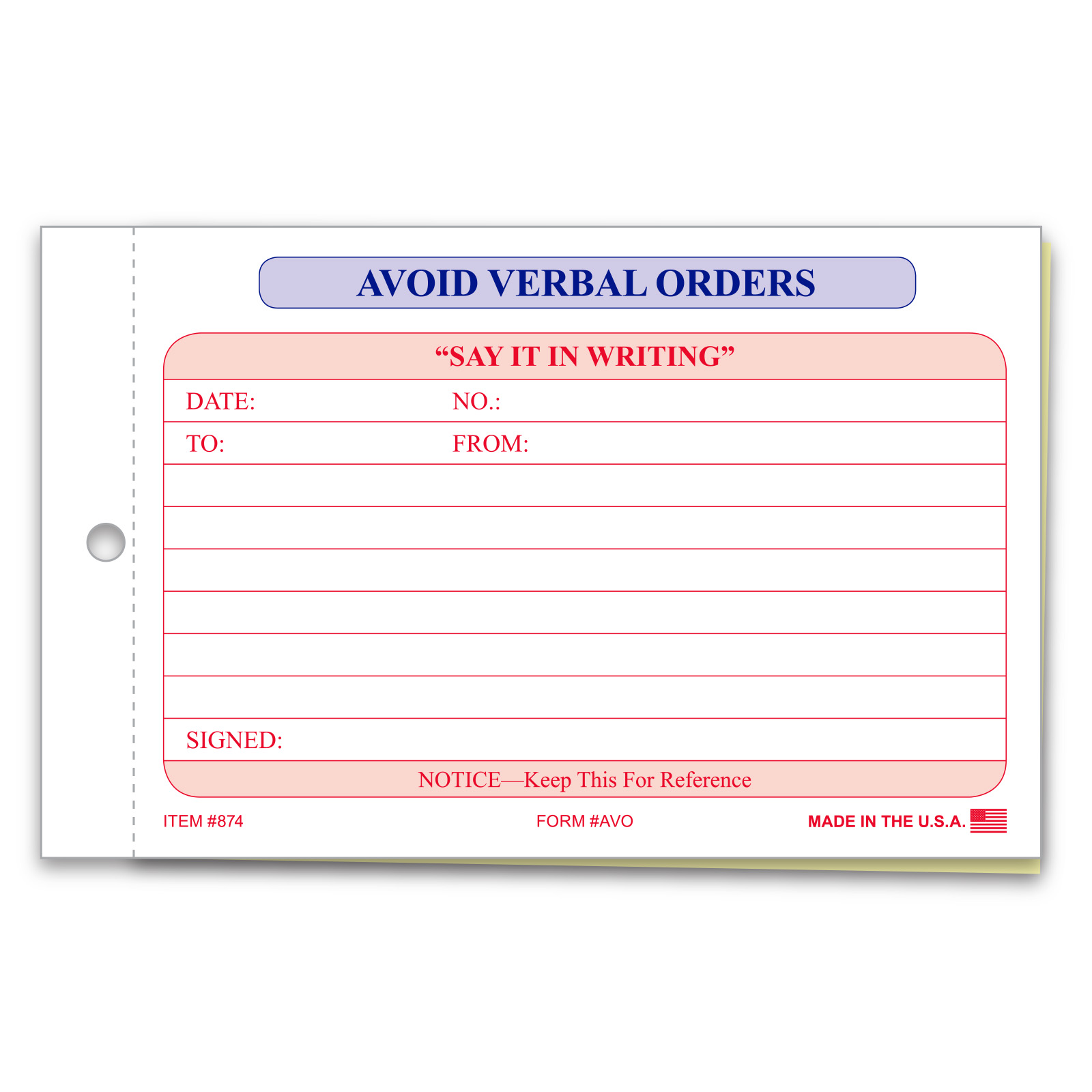 Avoid Verbal Orders Book - Form #AVO