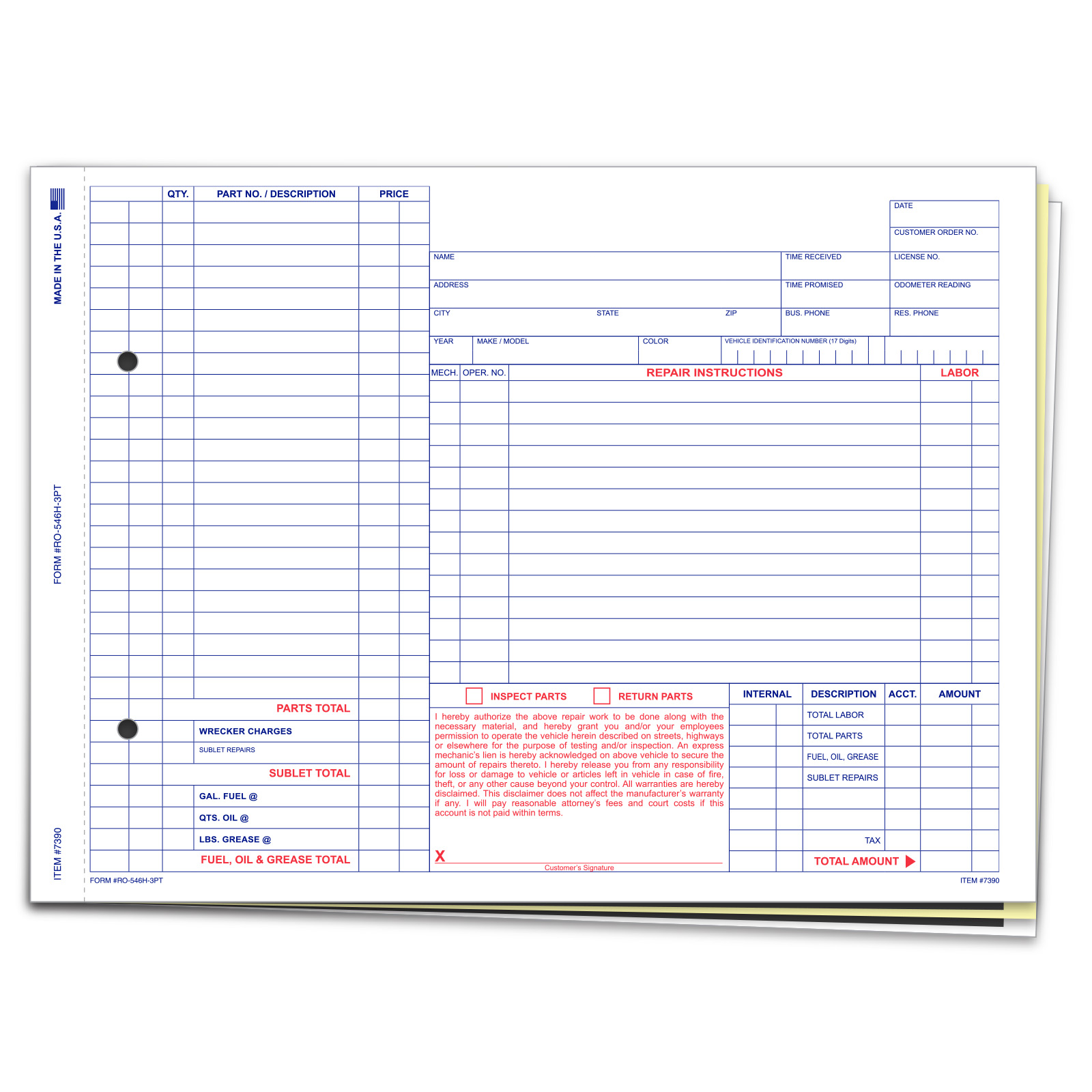 Repair Order Forms - Plain - Form #RO-546H-3PT