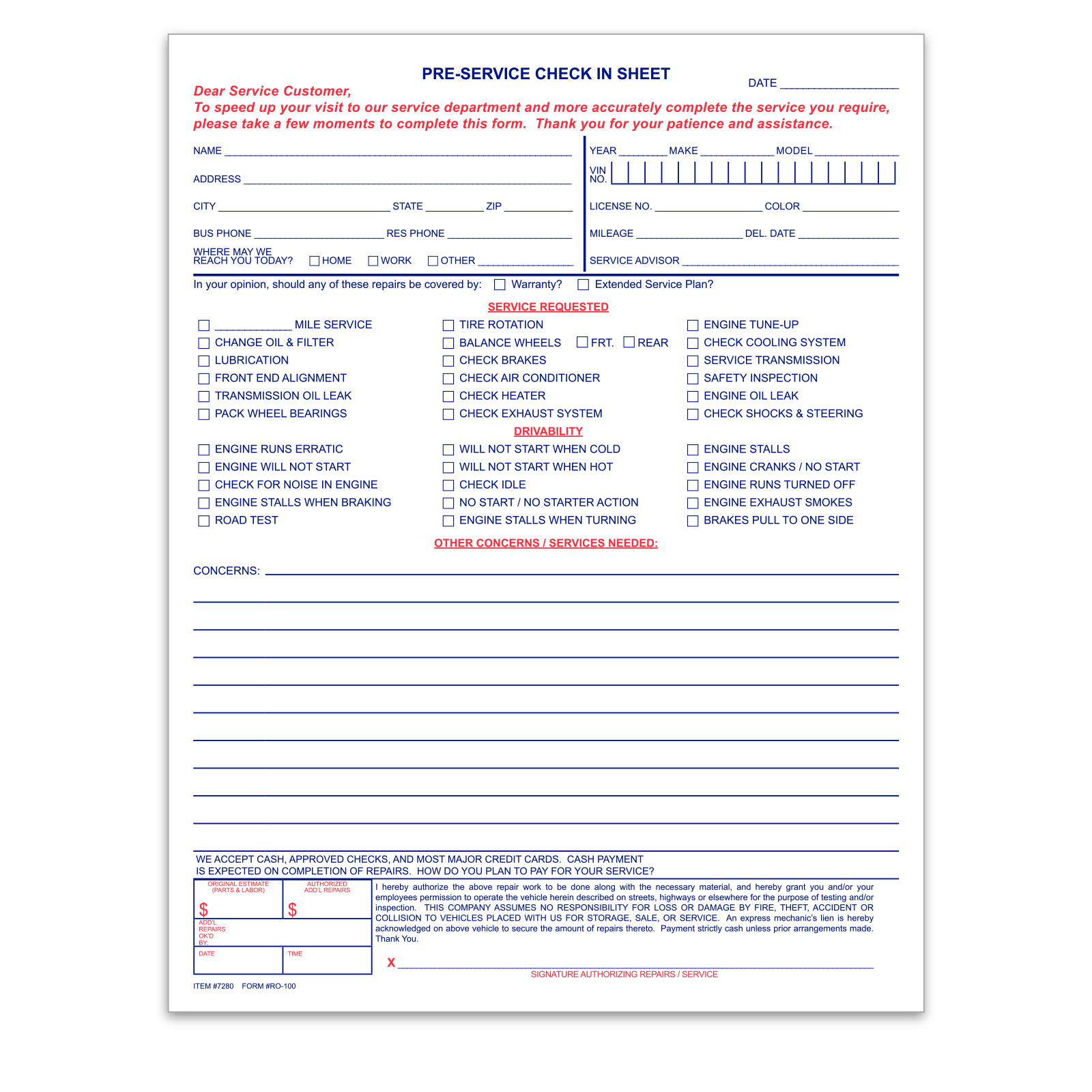 Pre-Service Check In - Form #RO-100