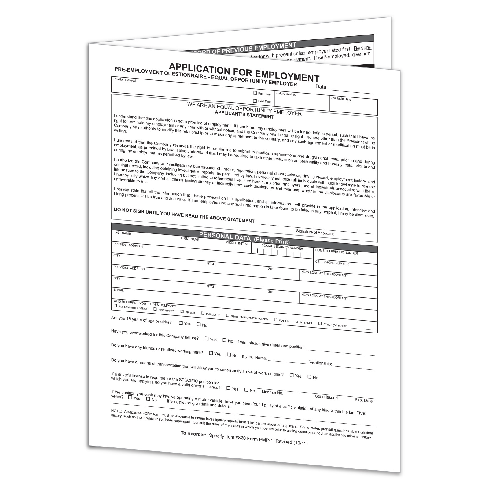 Application for Employment - Form #EMP-1