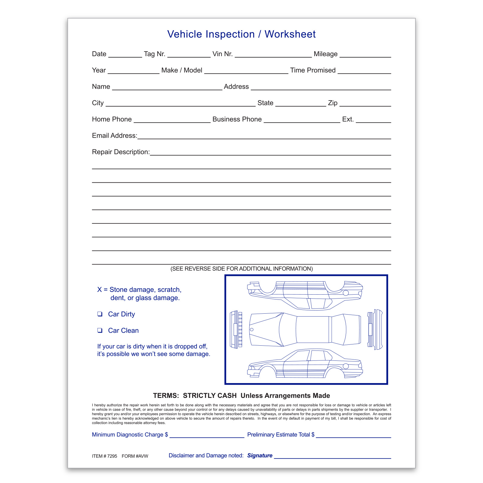 Vehicle Inspection Worksheet - Form #AVW - Product Image