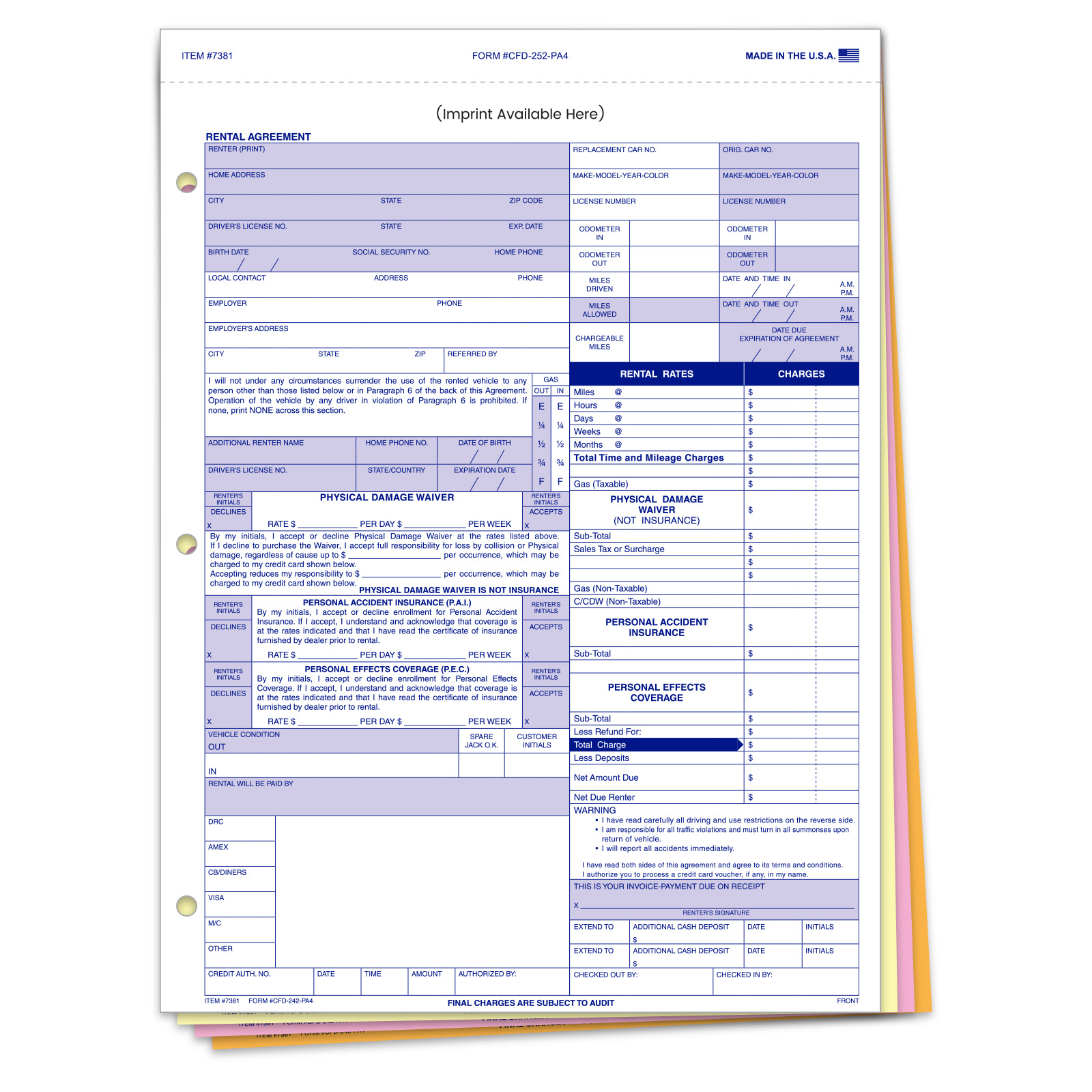 Custom Imprinted Rental Agreement - Form #CFD-252-PA4 - Product Image