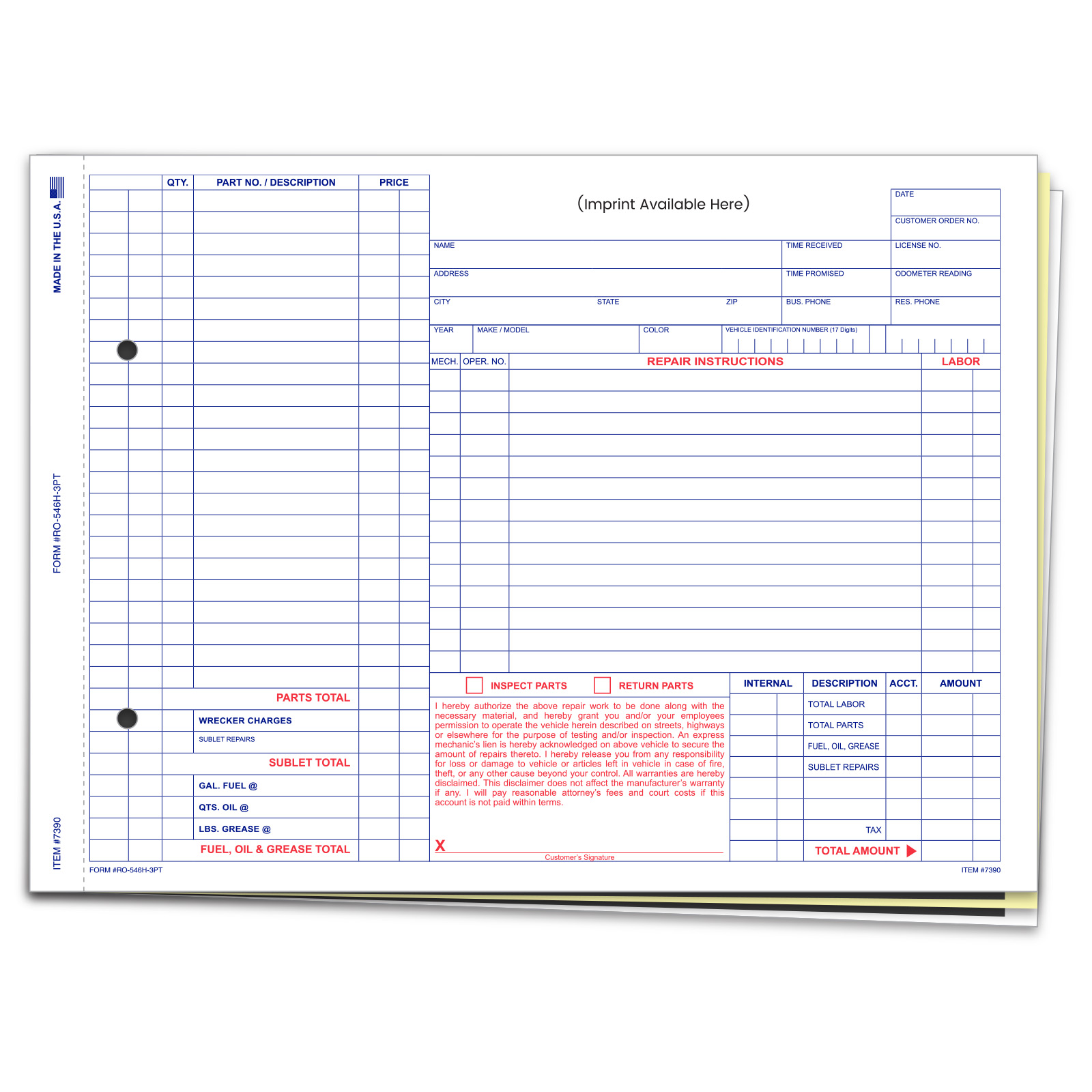 Repair Order Forms - Custom Imprinted - Form #RO-546H-3PT - Product Image