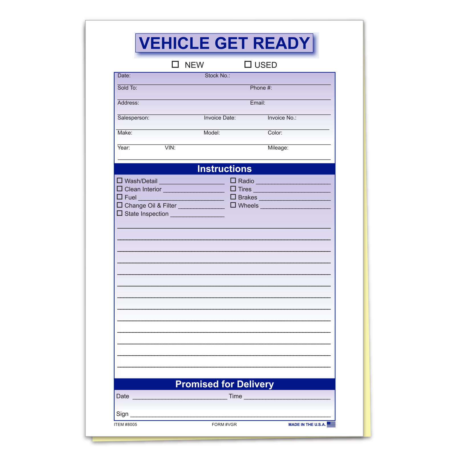 Vehicle Get Ready Form - Form #VGR