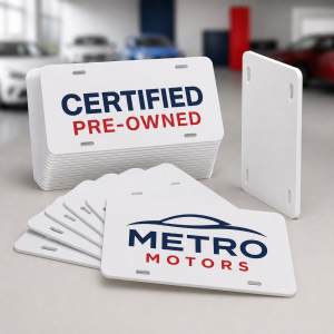Customizable polystyrene auto dealer plate inserts with dealership printing examples