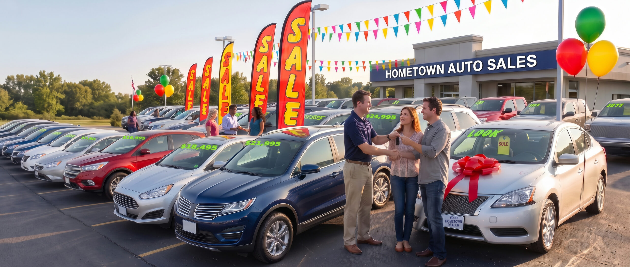 Car dealership lot with SALE swooper flags, pennant strings, balloons, windshield price numbers and a SOLD mirror tag