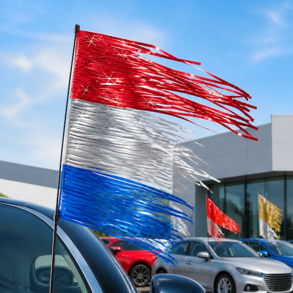 Colorful metallic antenna flags and streamers for car dealership lot displays