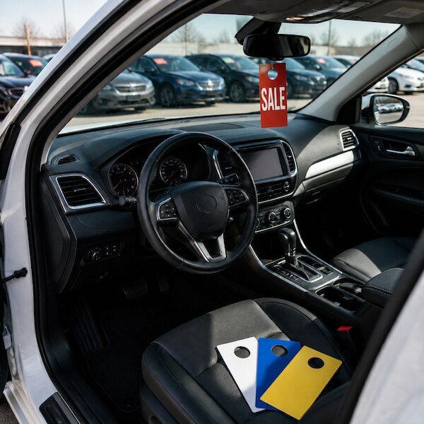 SALE mirror tag displayed inside a dealership vehicle