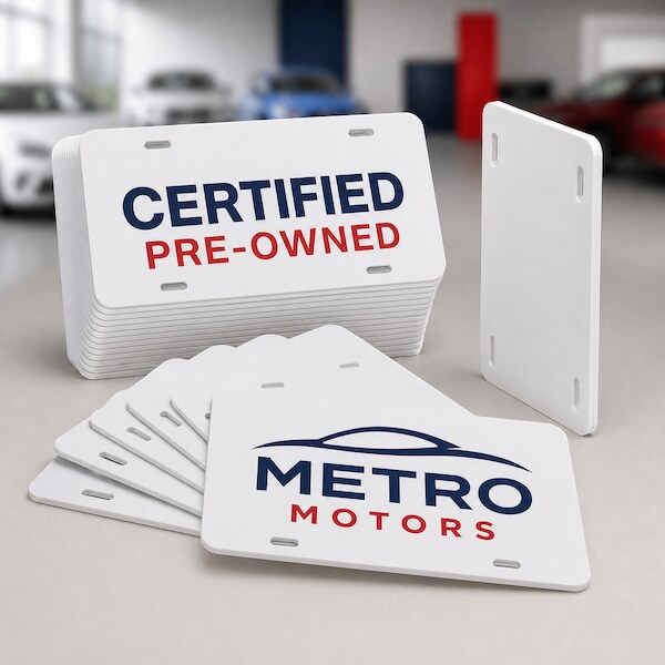 Customizable polystyrene auto dealer plate inserts with dealership printing examples
