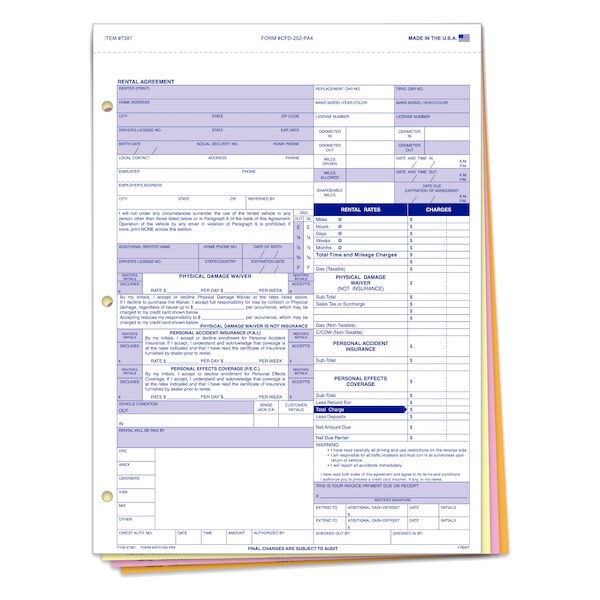 Service and Body Shop rental agreement form CFD-252-PA4